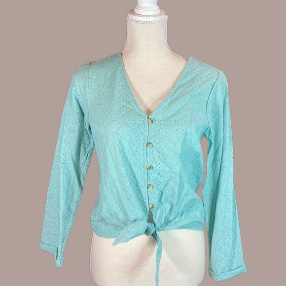 NWT Front Tie Eyelet Button Down Teal Top - Picture 1 of 12